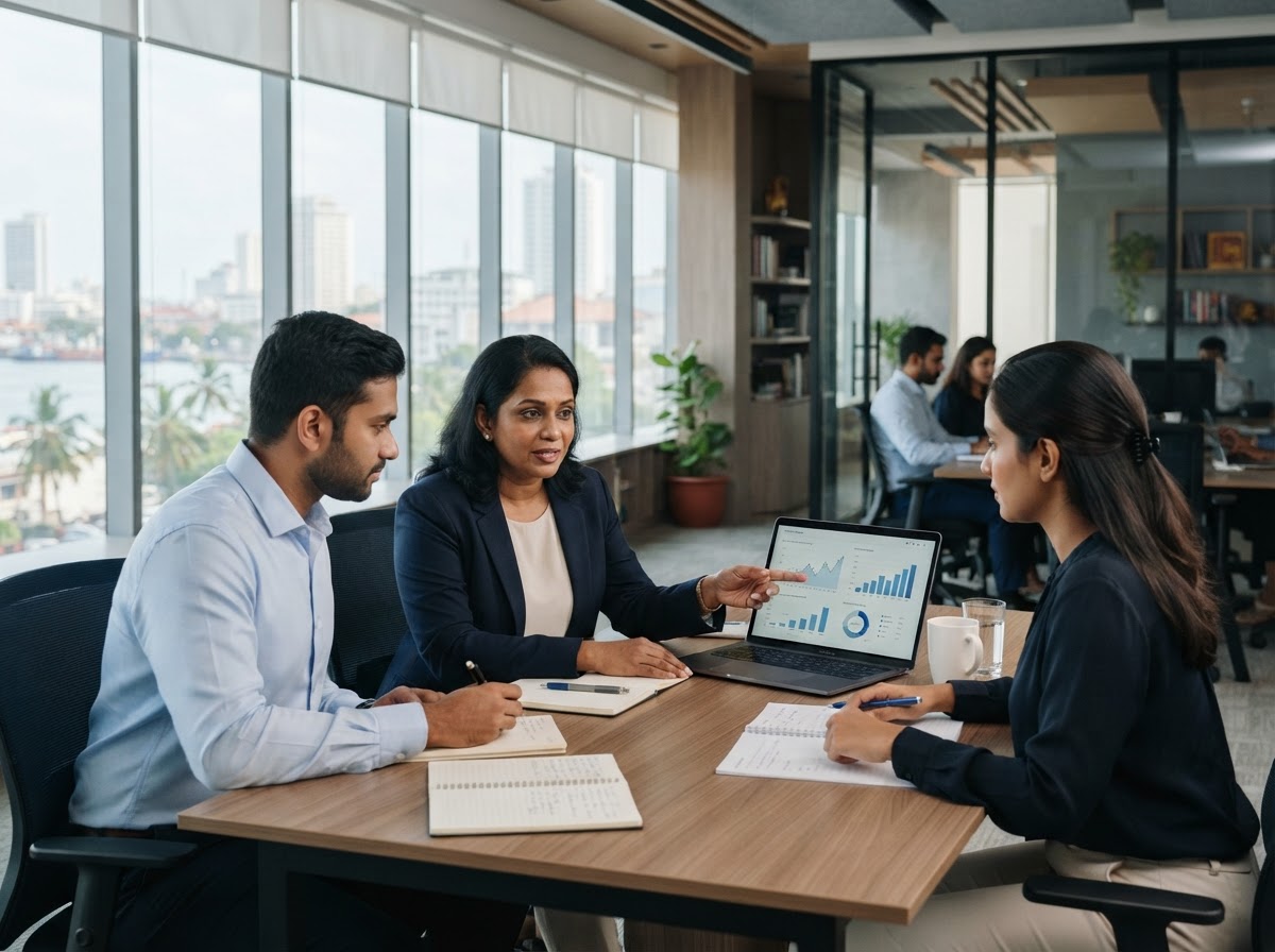 Serendib Capital analysts reviewing predictive model output on a data intelligence workstation